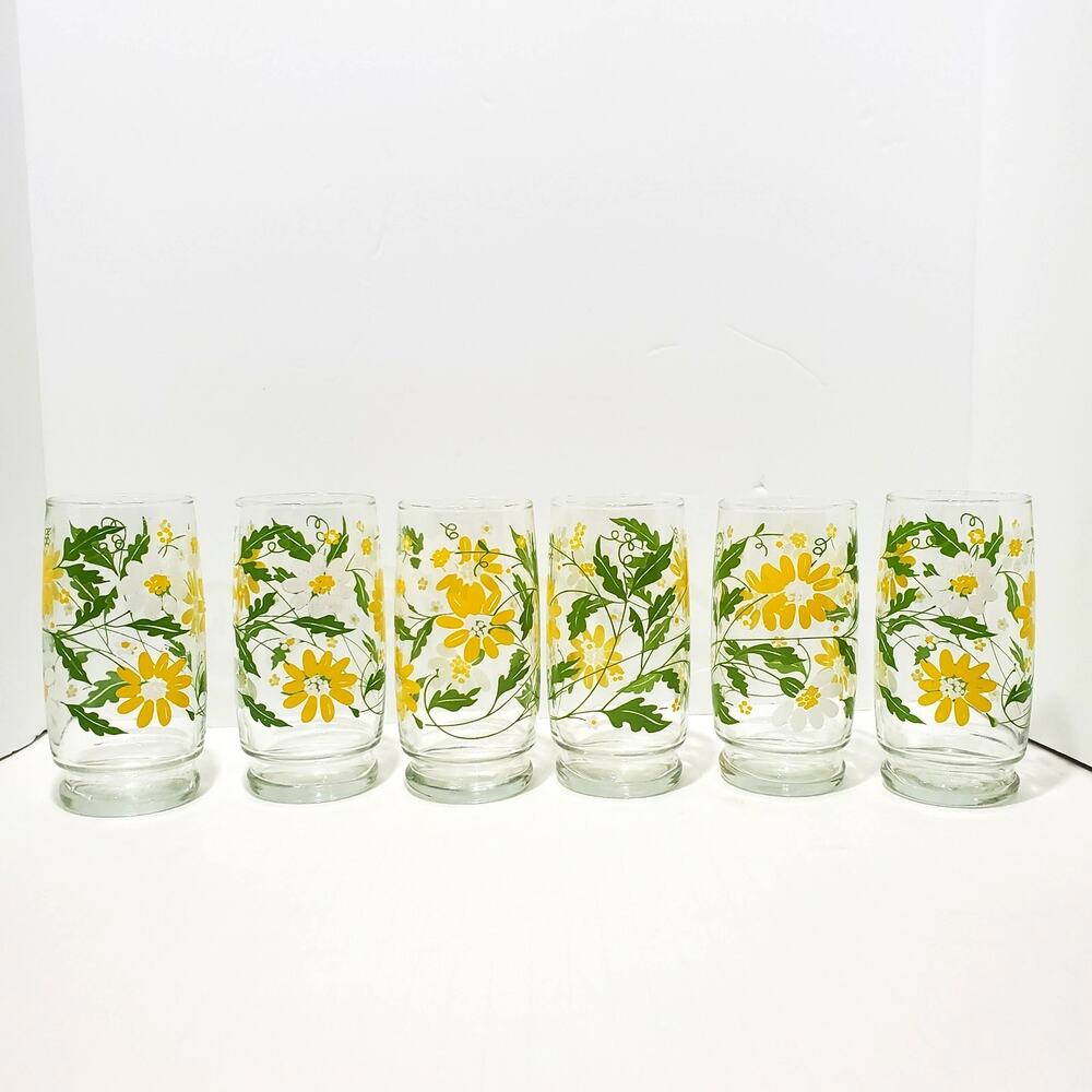 Vtg Libbey White Yellow Daisies Green Leaves Drinkware 6" Tumbler 12oz Set of 6